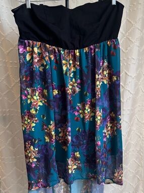 Torrid Strapless Floral High Low Dress Teal Purple Butterfly Print Size 2